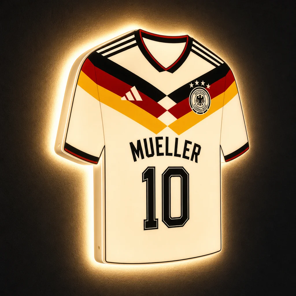 Deutschland WM 2026 LED-Trikot-Lampe — beleuchtet im Dunkeln mit Glow-Effekt