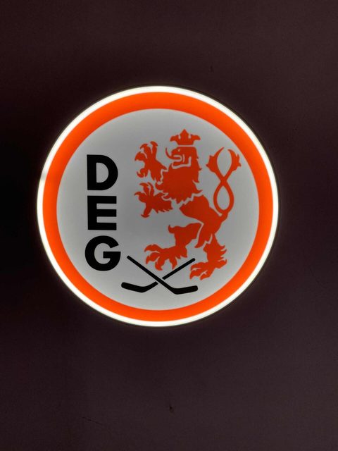 Düsseldorfer EG LED-Leuchtschild mit DEG Logo in Rot Weiß Gelb als Fan-Deko
