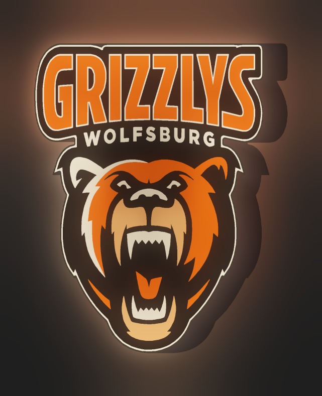 Grizzlys Wolfsburg LED-Leuchtschild leuchtend – Seitenansicht