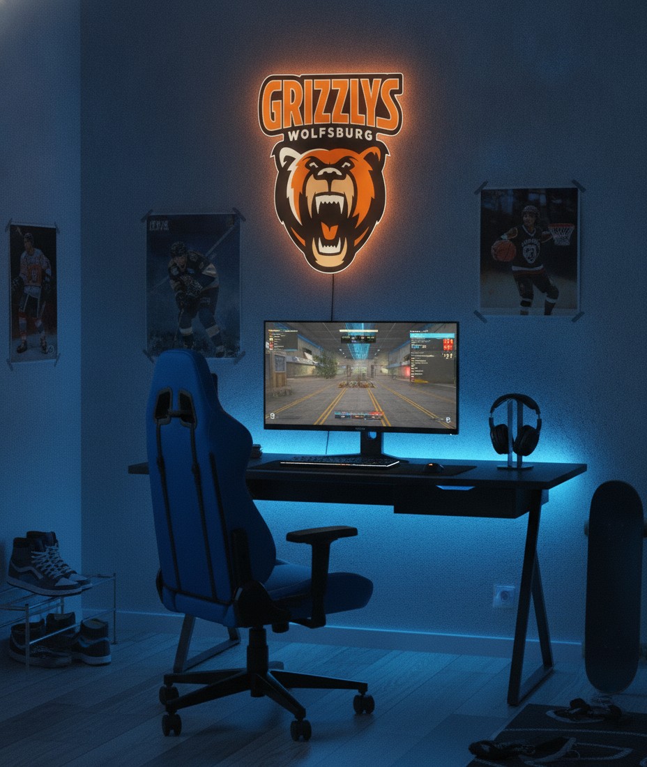 Grizzlys Wolfsburg LED-Leuchtschild Wanddeko Fandeko Geschenk - Mockup