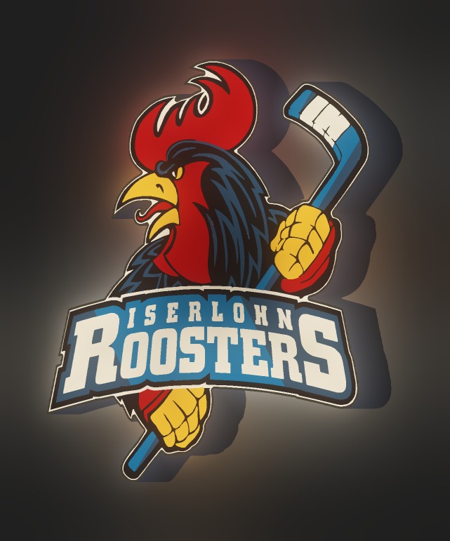 Iserlohn Roosters LED-Leuchtschild leuchtend – Seitenansicht
