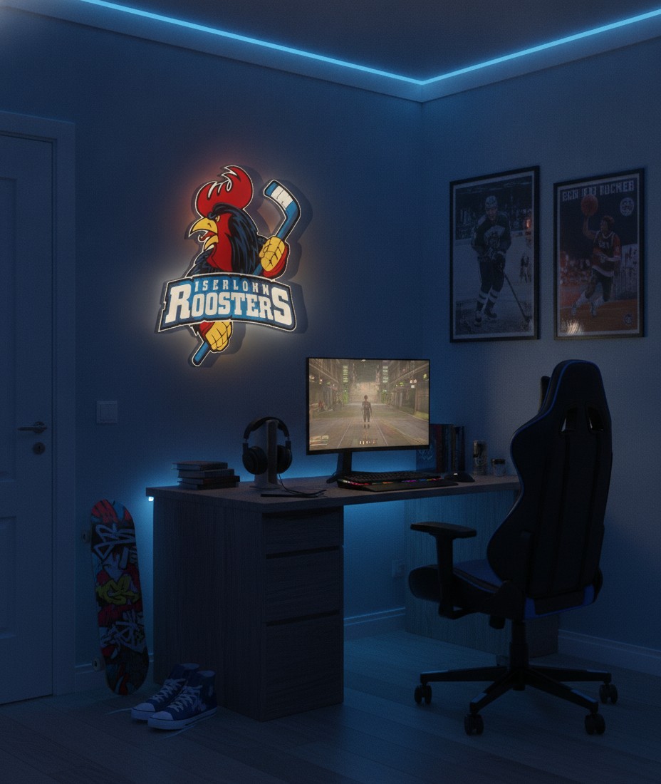 Iserlohn Roosters LED-Leuchtschild Wanddeko Fandeko Geschenk - Mockup