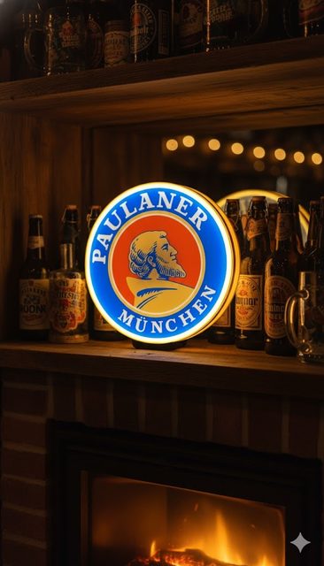 Paulaner LED-Schild auf Regal als Wanddekoration