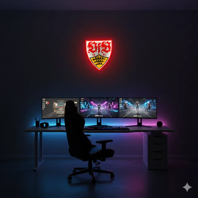 VfB Stuttgart LED-Leuchtschild auf Standfuß platziert